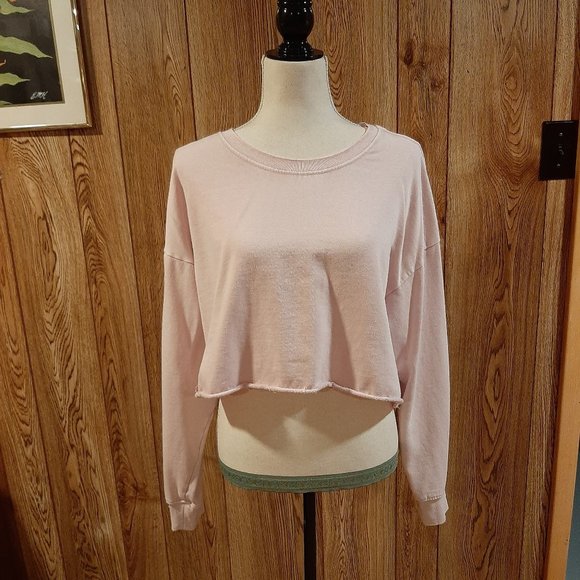 Double Zero Tops - Double Zero Distressed Pink Crop Sweatshirt (Size Large)